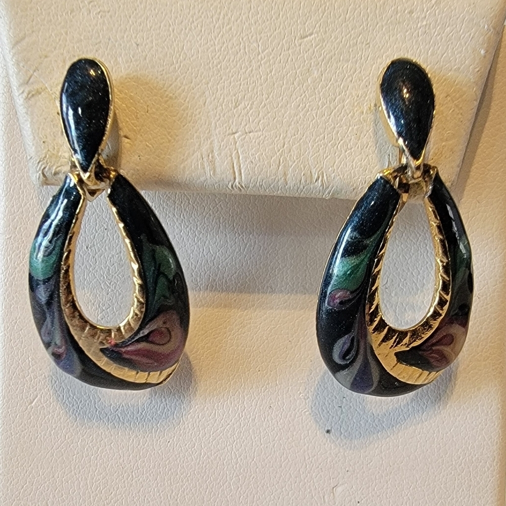 Vintage Black Multicolor Enamel Gold Tone Teardrop Dangle Clip On Earrings